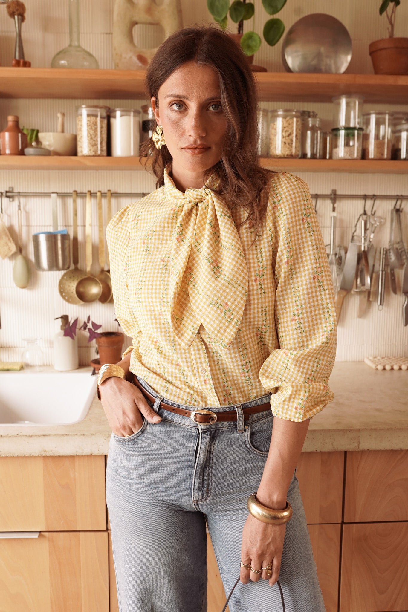 Maisie yellow bow tie gingham blouse