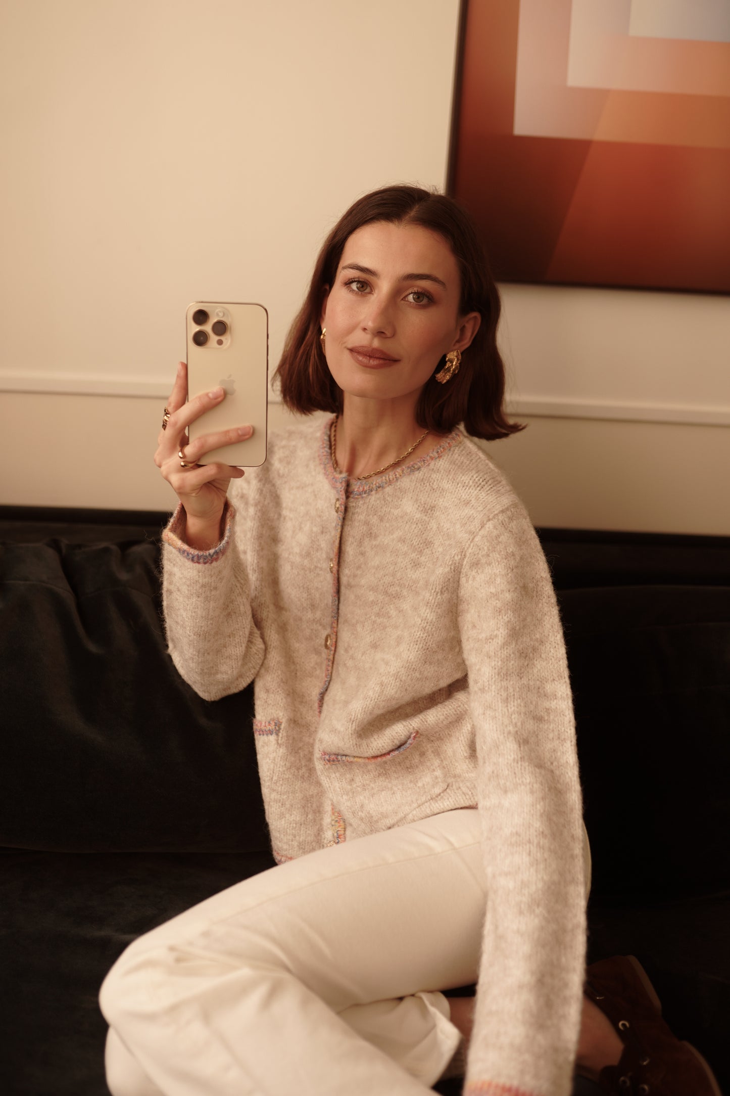 Tilly beige rainbow trim cardigan