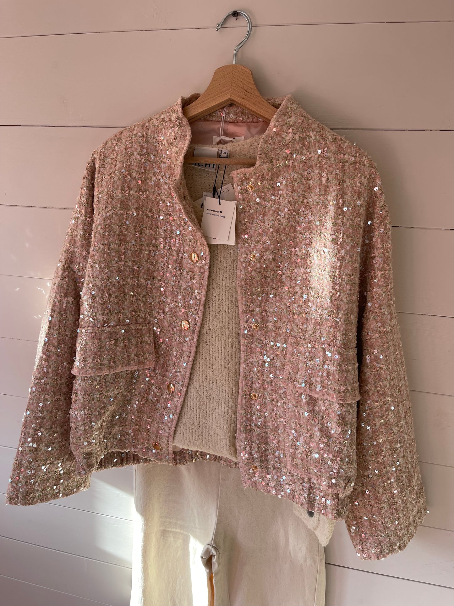 Olivia pink tweed sequin bomber