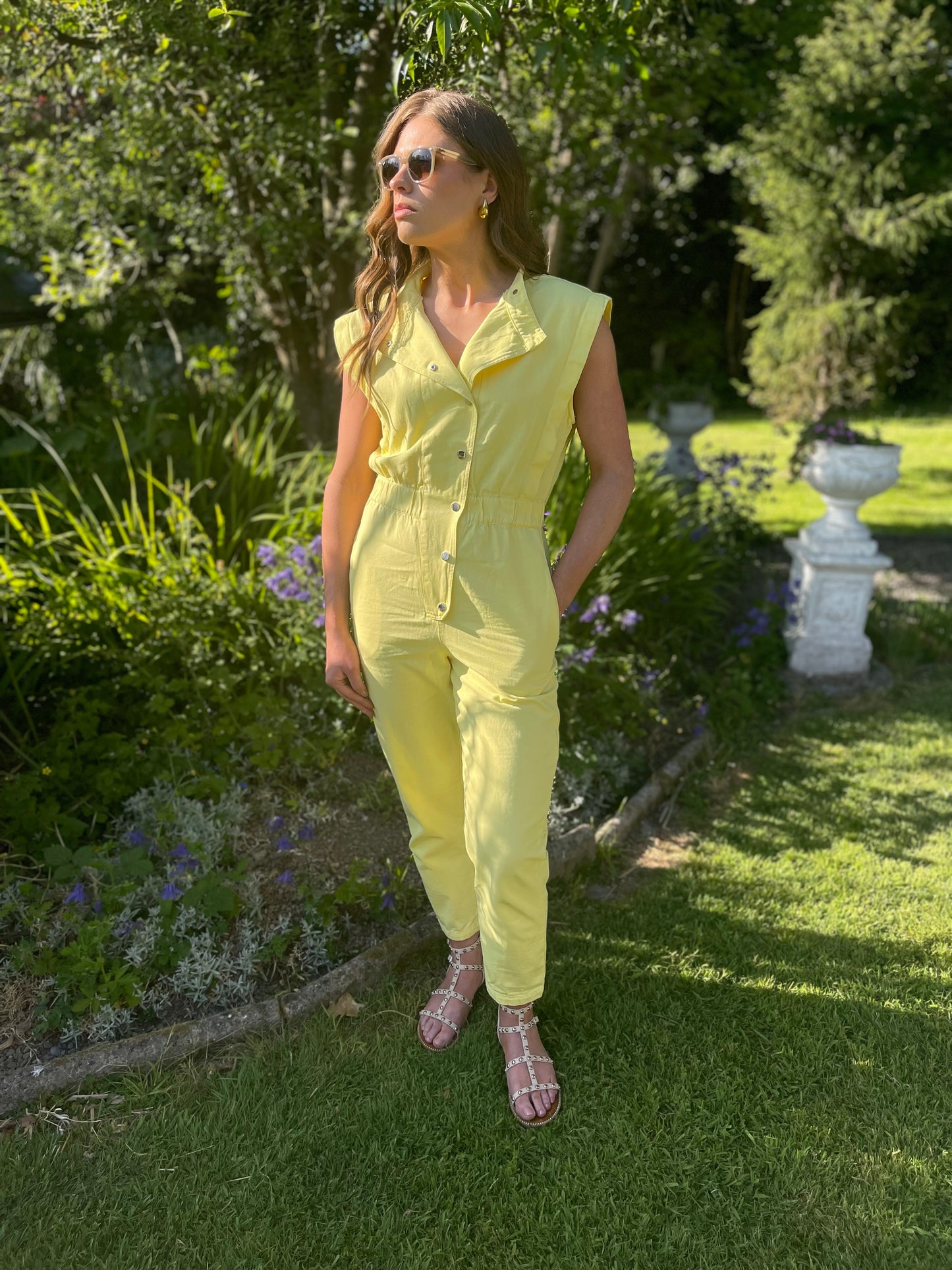 Evie short sleeve light wash yellow denim jumpsuit