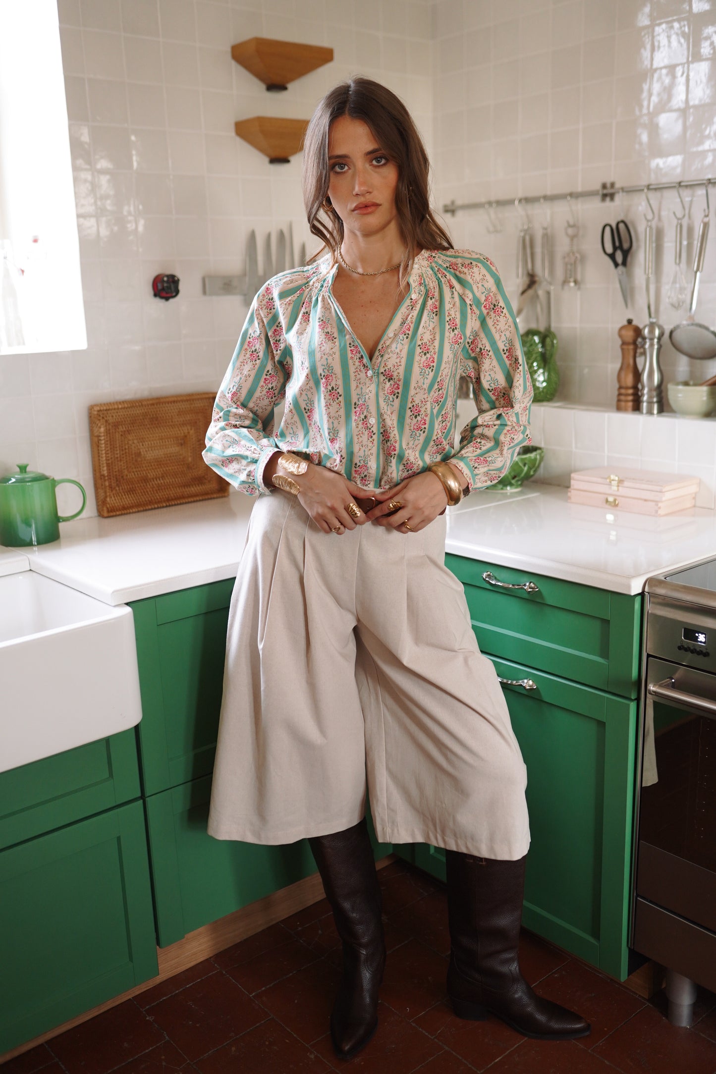 Zoe green stripe floral boho blouse