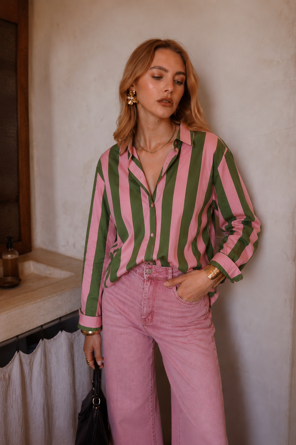 Milly Green & pink stripe shirt