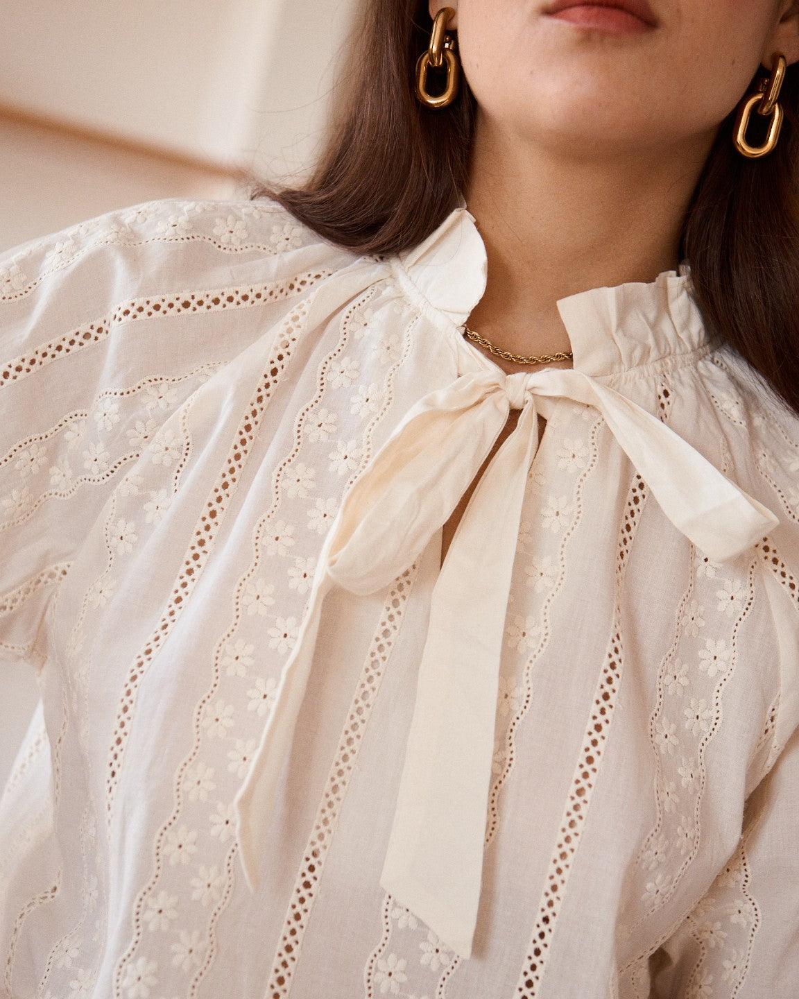 Amelia beige embroidered bow blouse