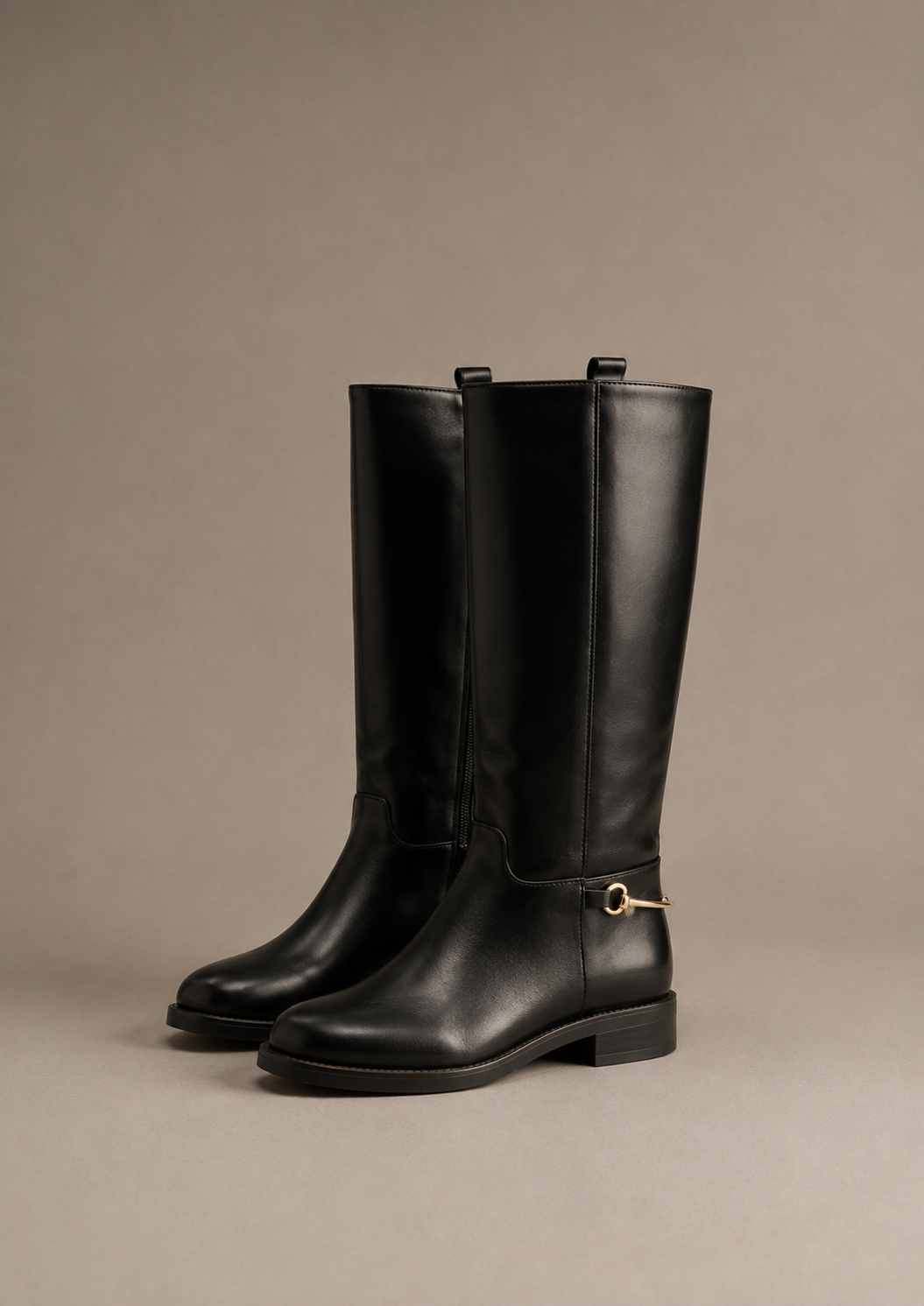 Black leather buckle knee high boots