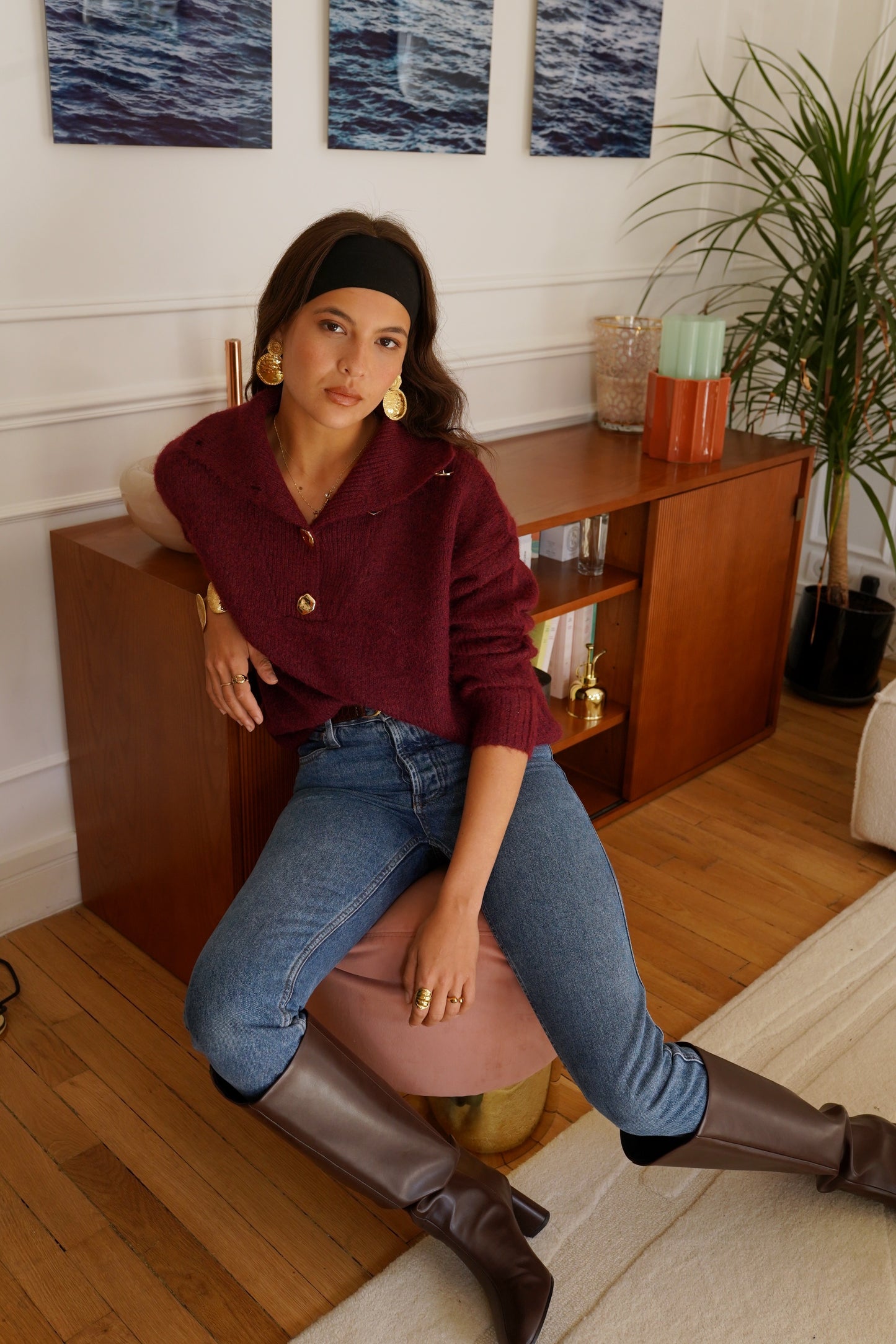 Amelia burgundy gold button polo neck jumper