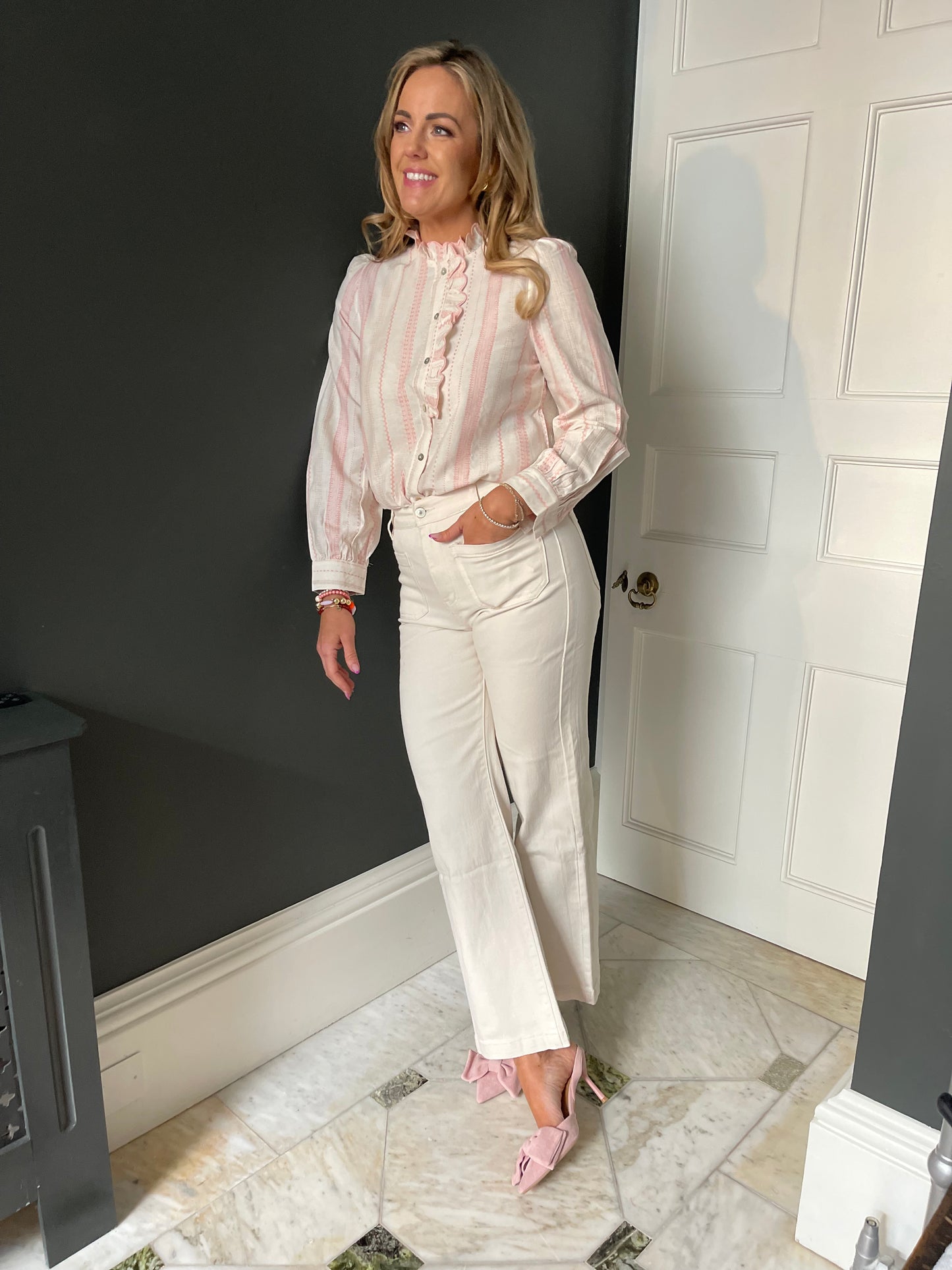 Lucille soft pink striped ruffle blouse