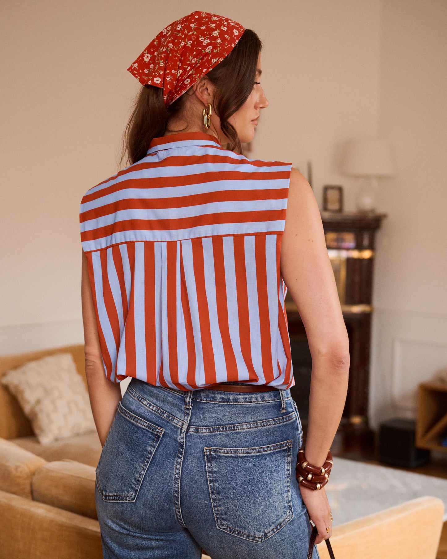 Nora blue & burgundy stripe bow top