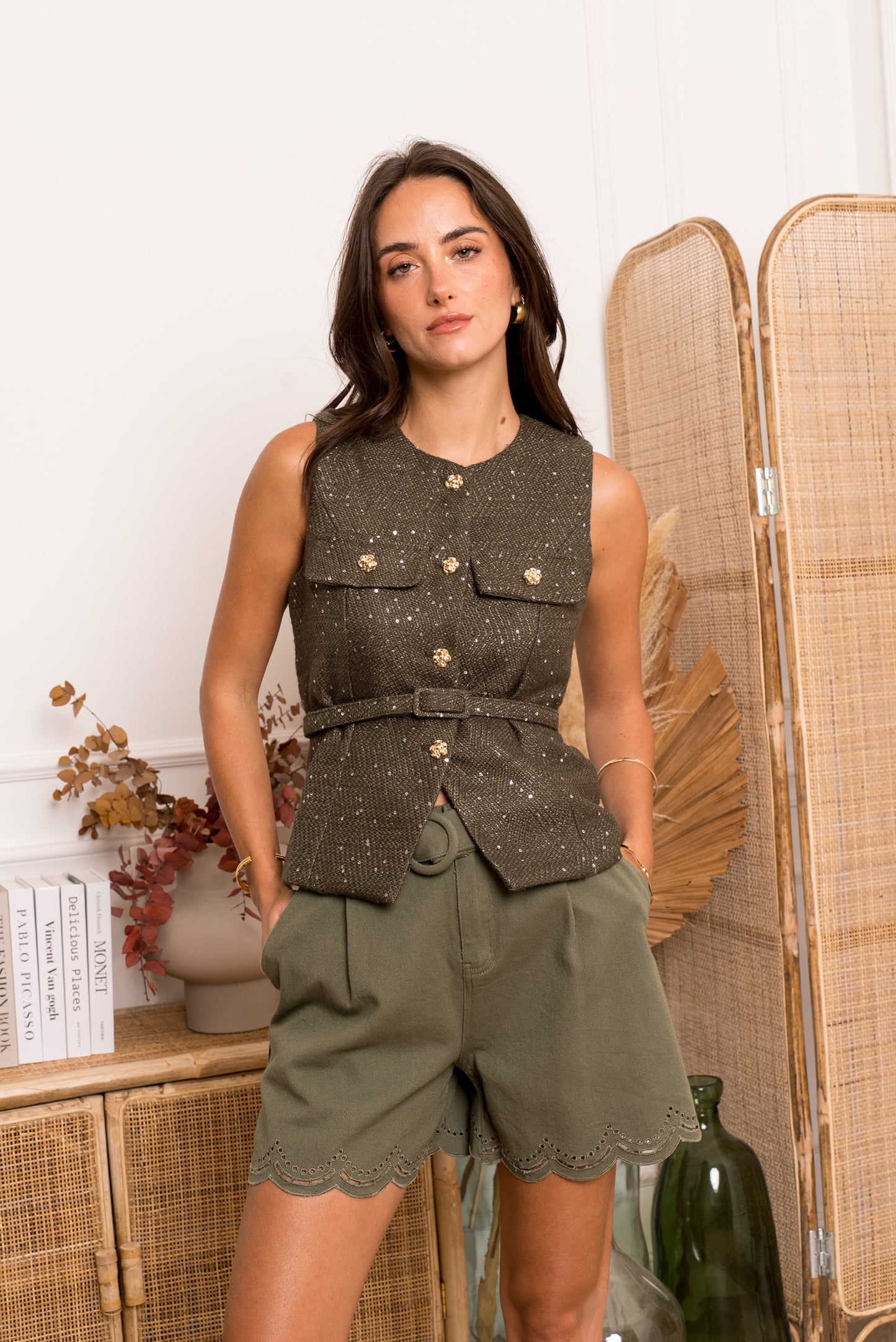 Ada khaki tweed sleeveless top