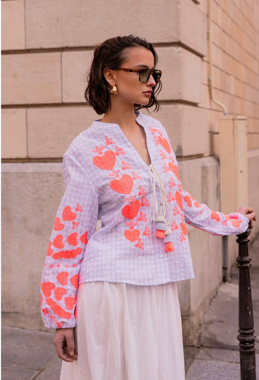 Julie gingham embroidered tassel blouse