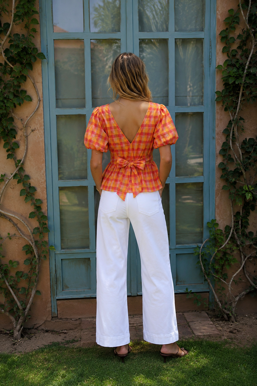 Ruby orange gingham peplum bow tie top