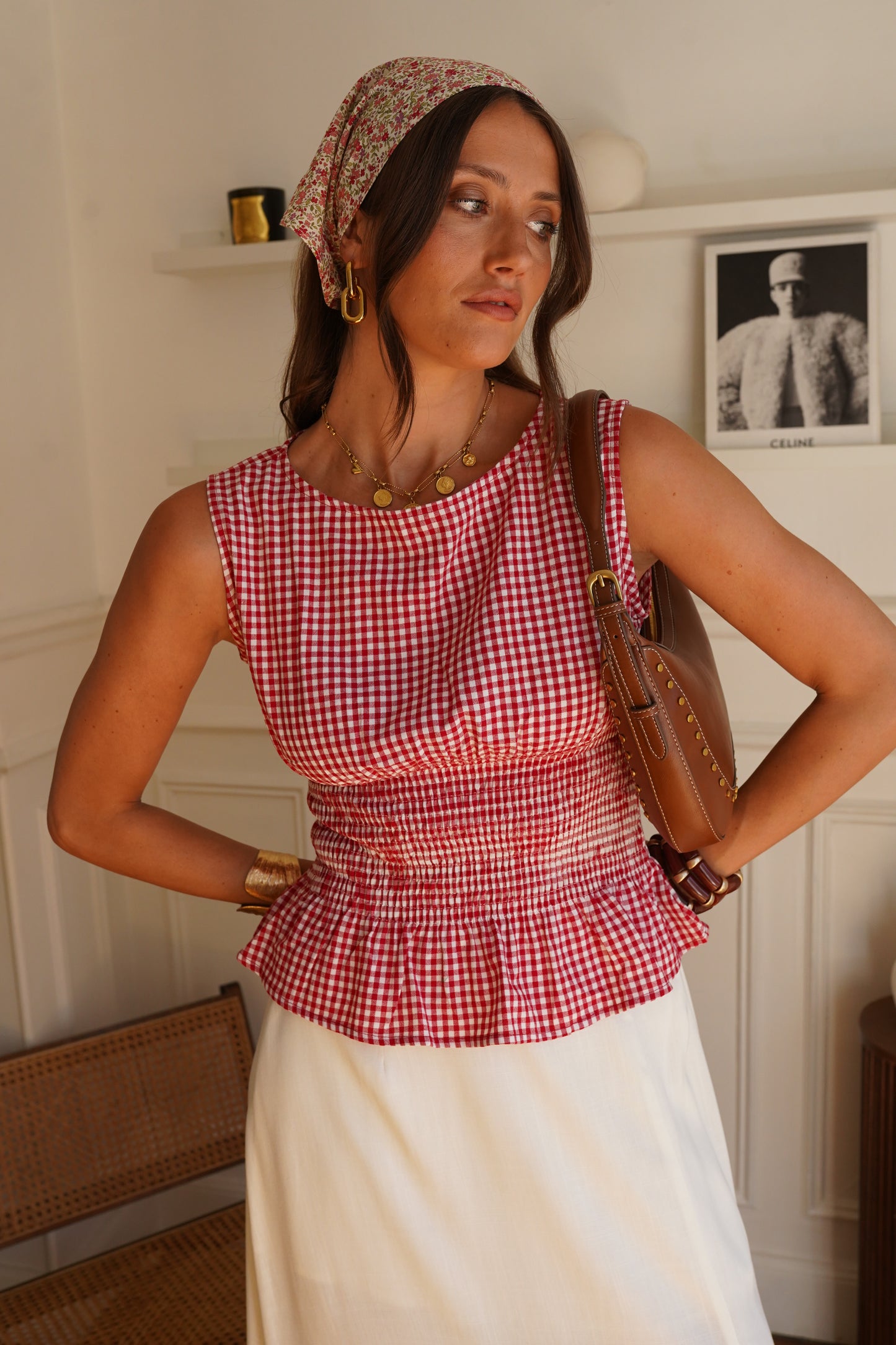 Bella red gingham ruched top