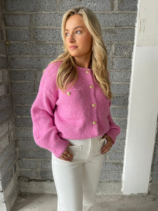 Audrey pink fluffy cardigan with gold buttons