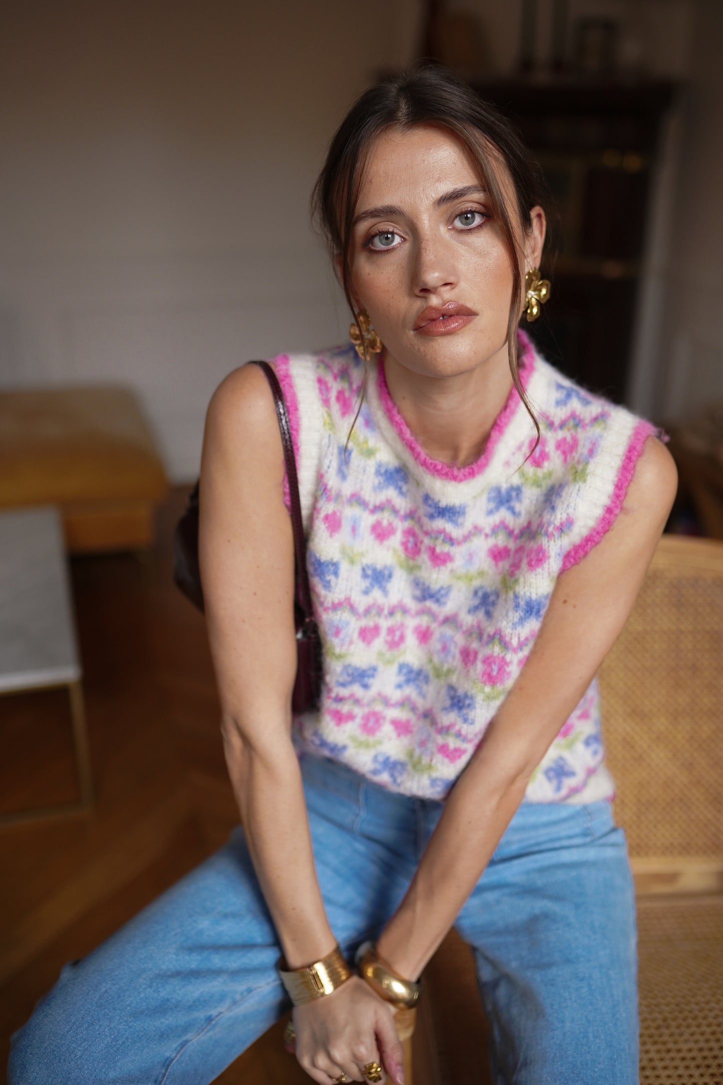 Taylor floral pink knit sleeveless gilet