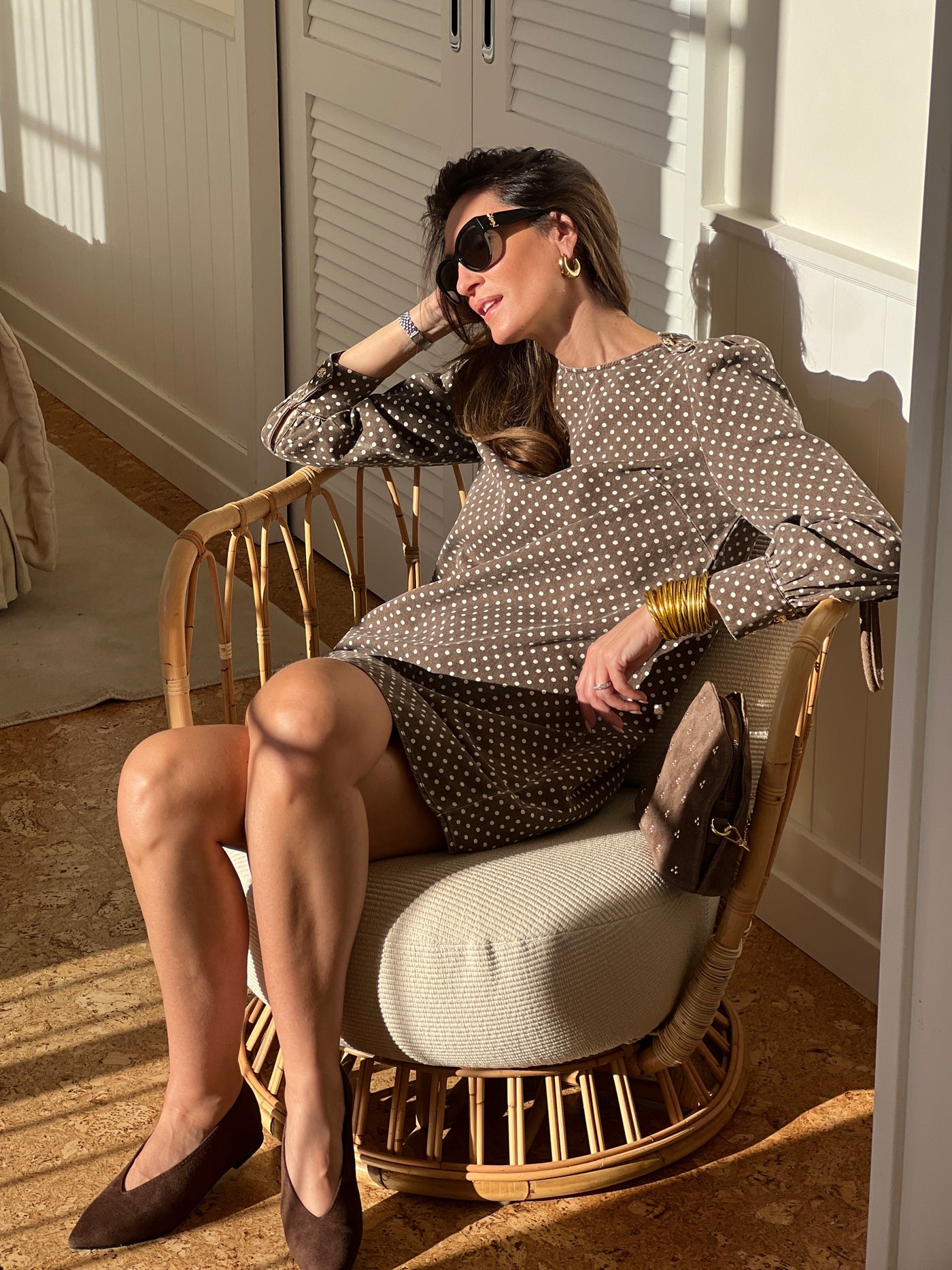 Celestine brown polka dot denim dress