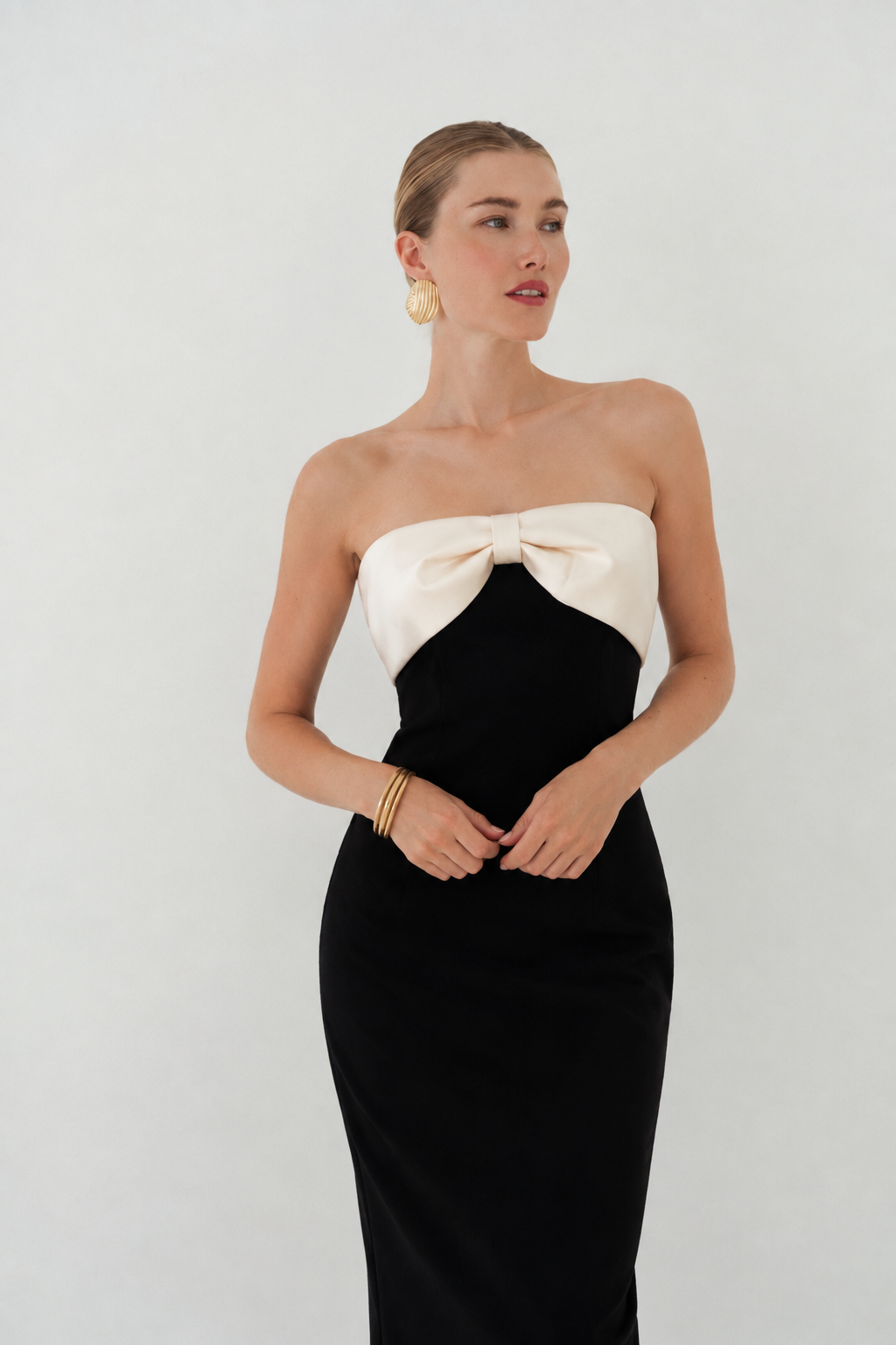 Carrie black strapless dress with cream bow