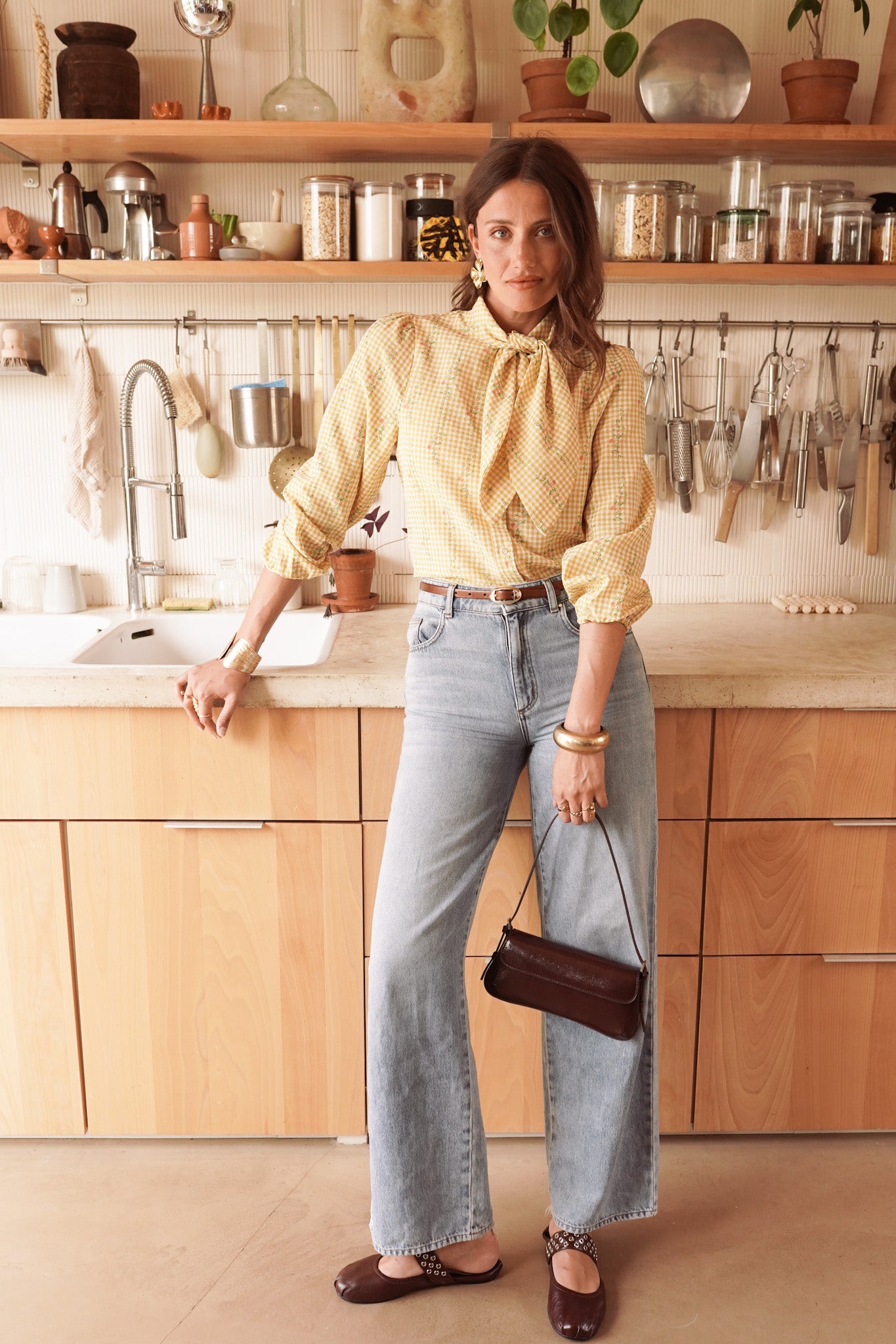 Maisie yellow bow tie gingham blouse