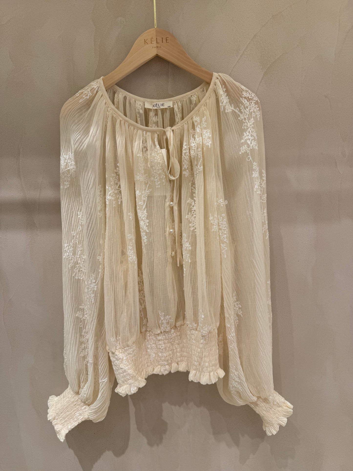 Sarah beige lace pearl button top
