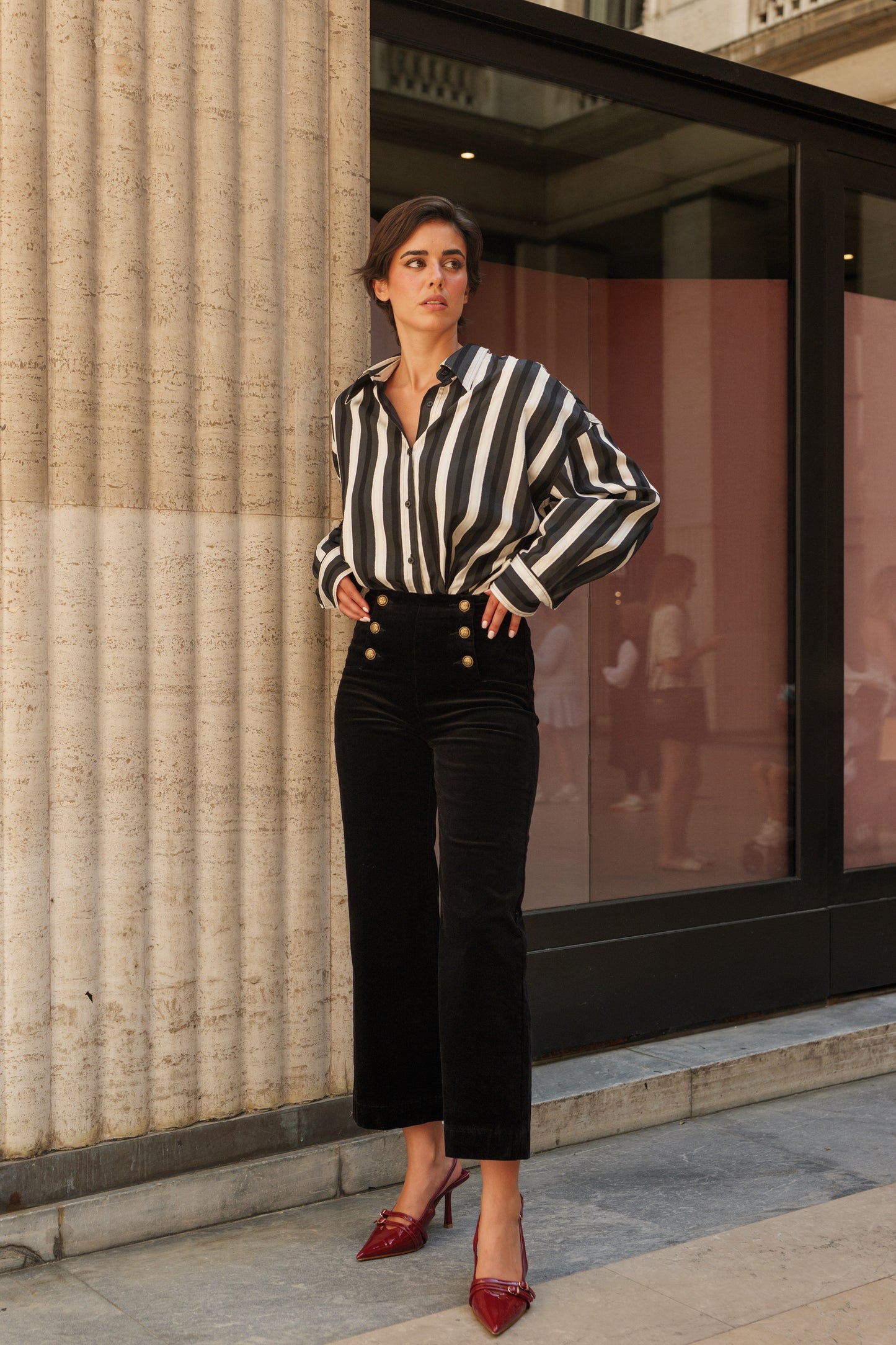 Victo Wide leg black cords with gold front buttons