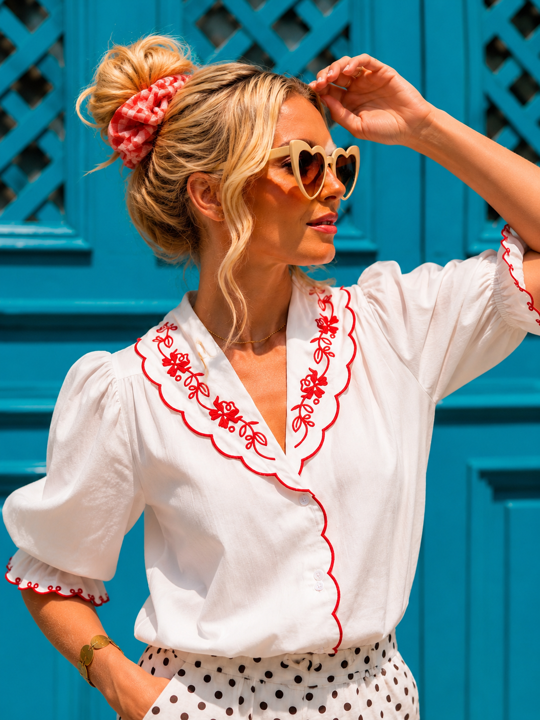 Victoria red and white vintage style blouse