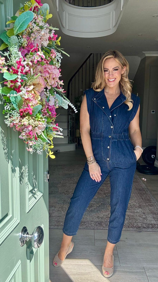 Evie short sleeve dark wash blue denim jumpsuit