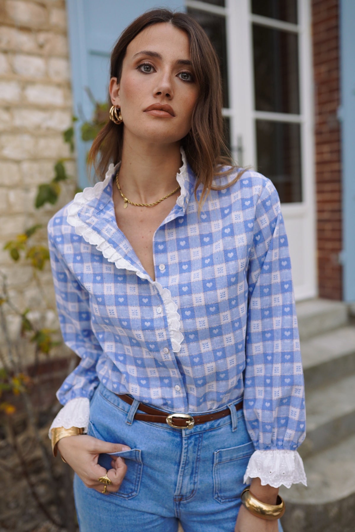 Naomi blue check heart print blouse
