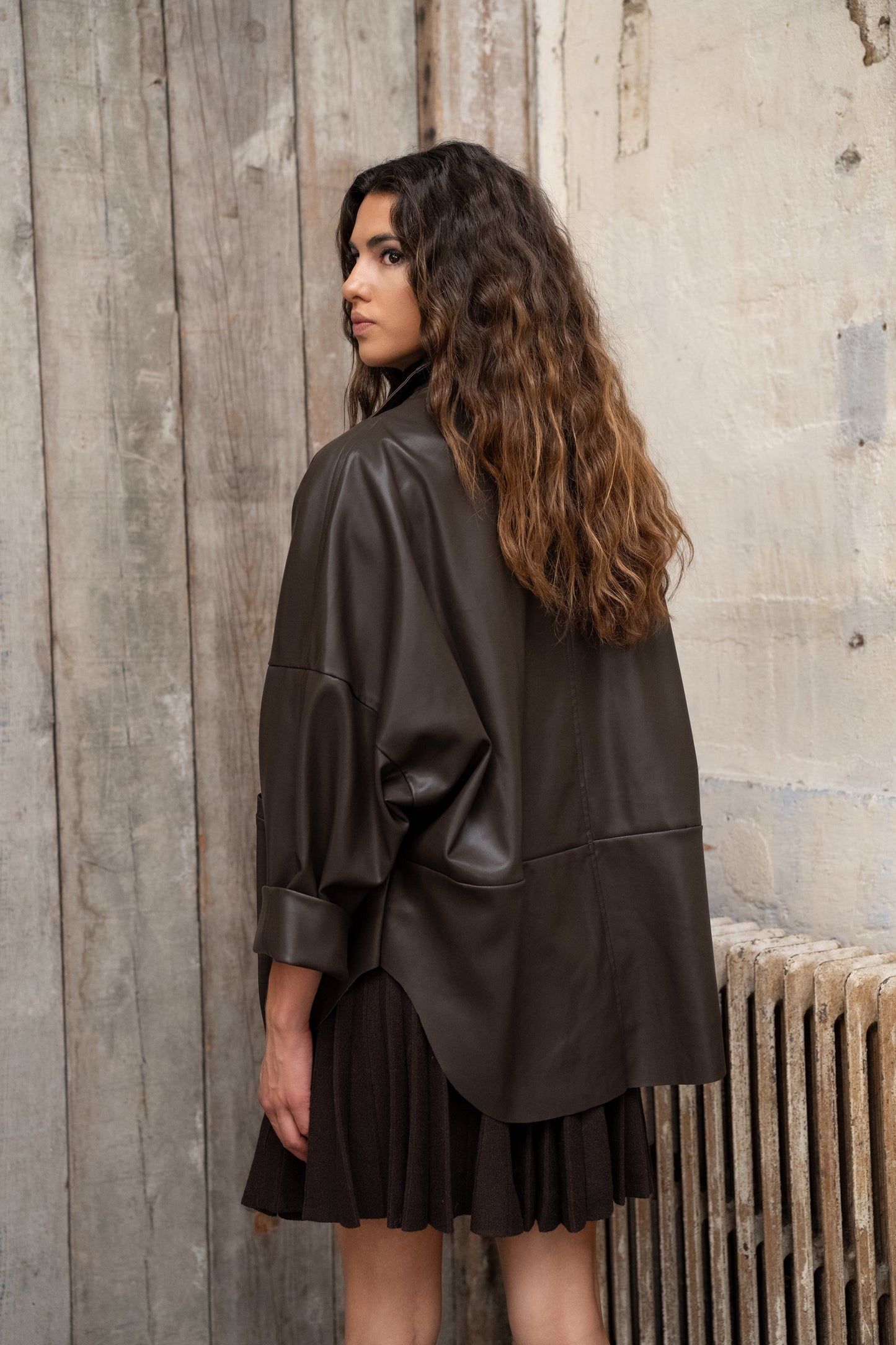 Beth burgundy funnel neck leather jacket