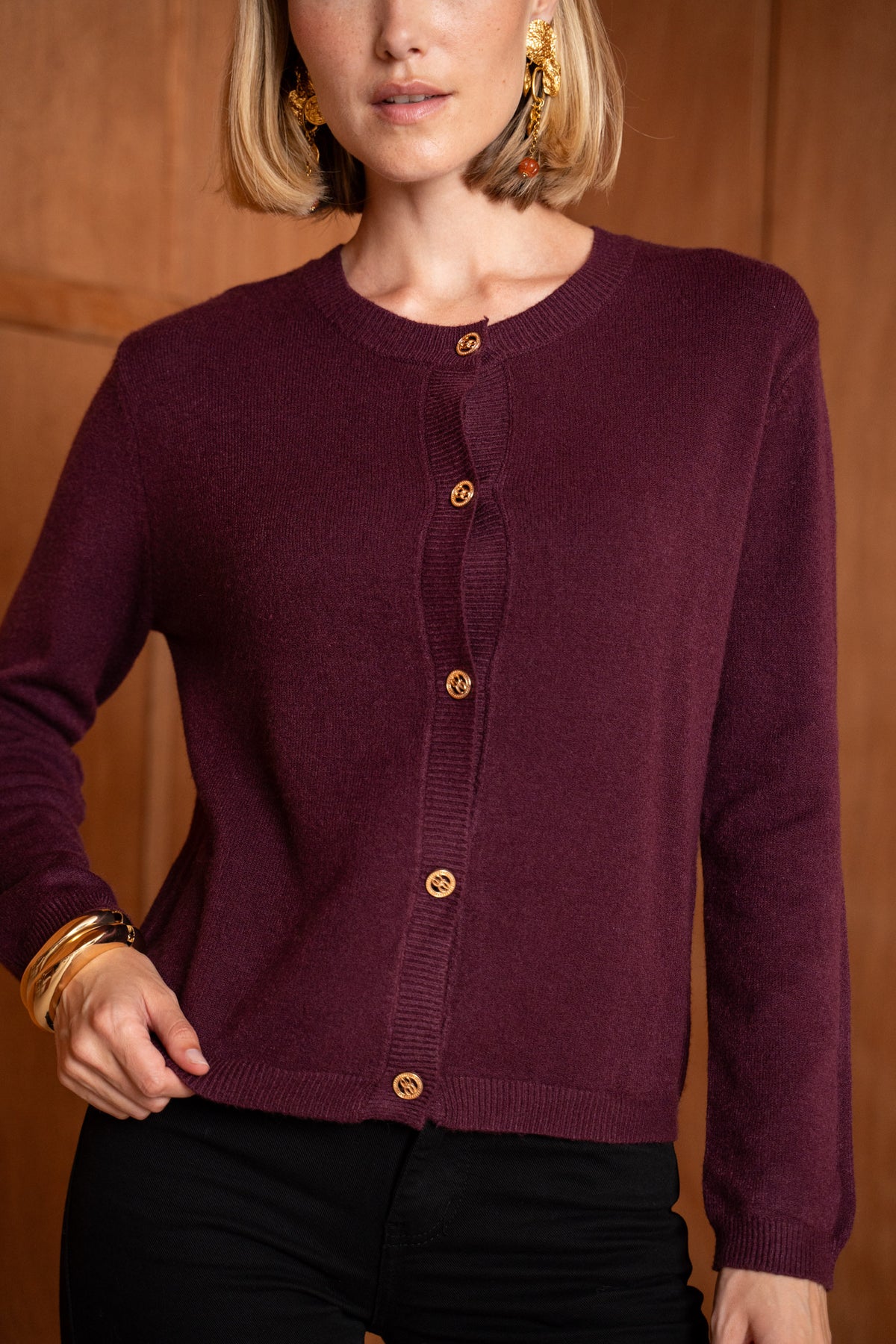 Ashley burgundy gold button cardigan