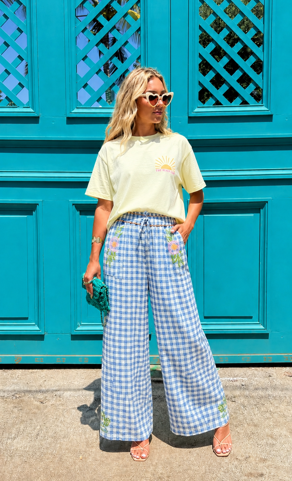 Mila blue gingham floral embroidered pants