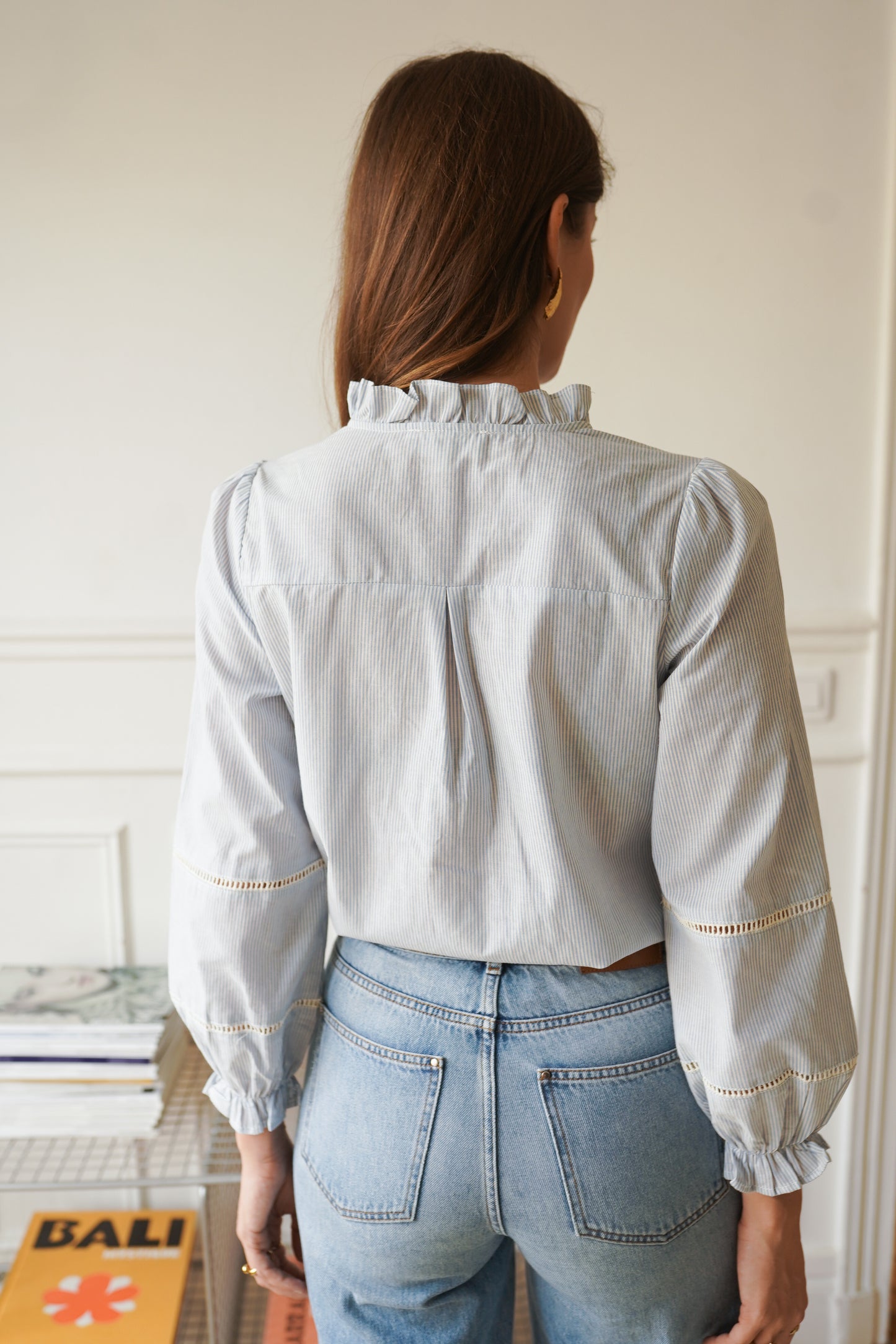 Erica blue striped ruffle trim collar blouse