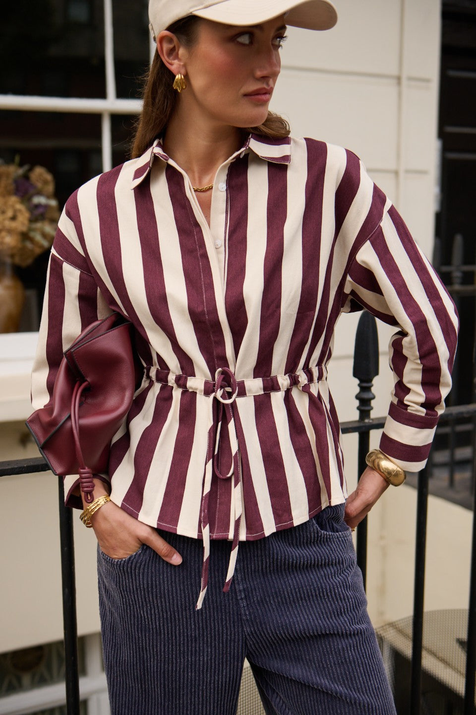 Suzy striped burgundy tie stripe over shirt