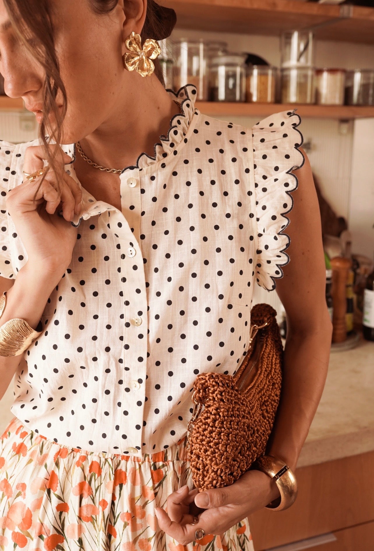 Isabella navy polka dot sleeveless blouse