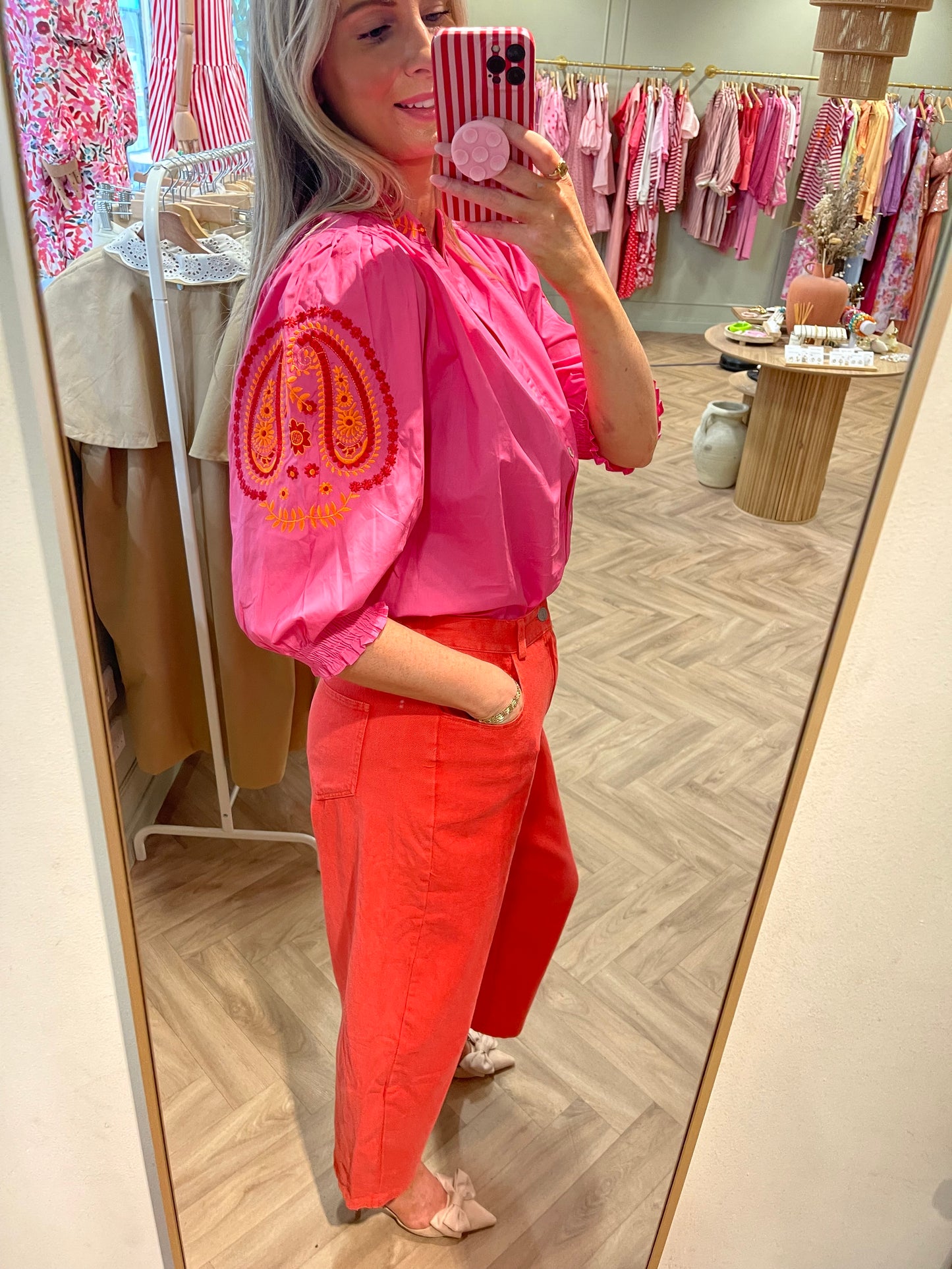 Laura red & pink balloon sleeve blouse