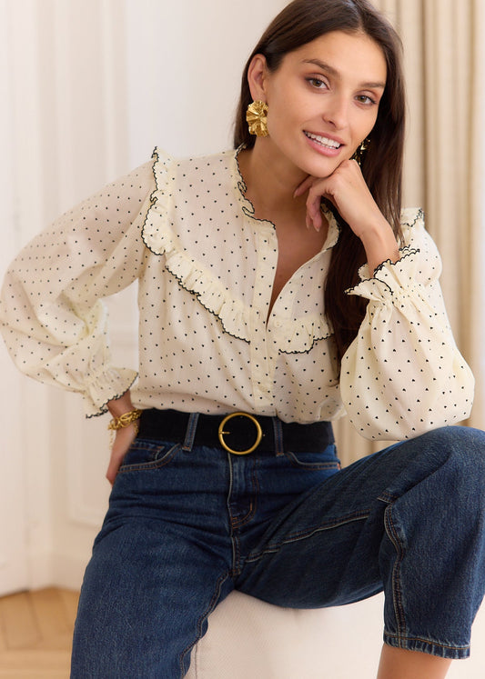 Sienna polka dot ruffle trim blouse