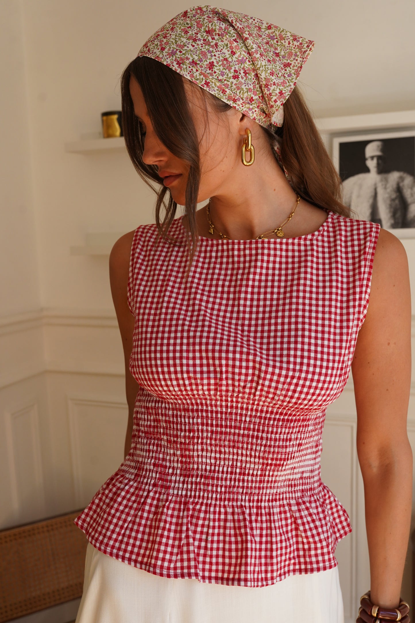 Bella red gingham ruched top