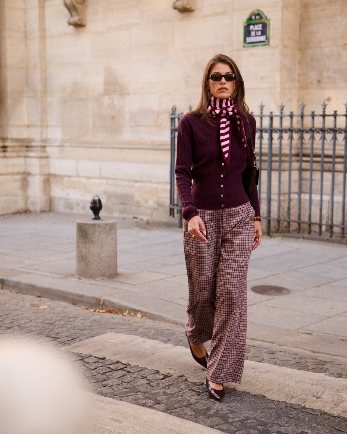Paula burgundy check print trousers