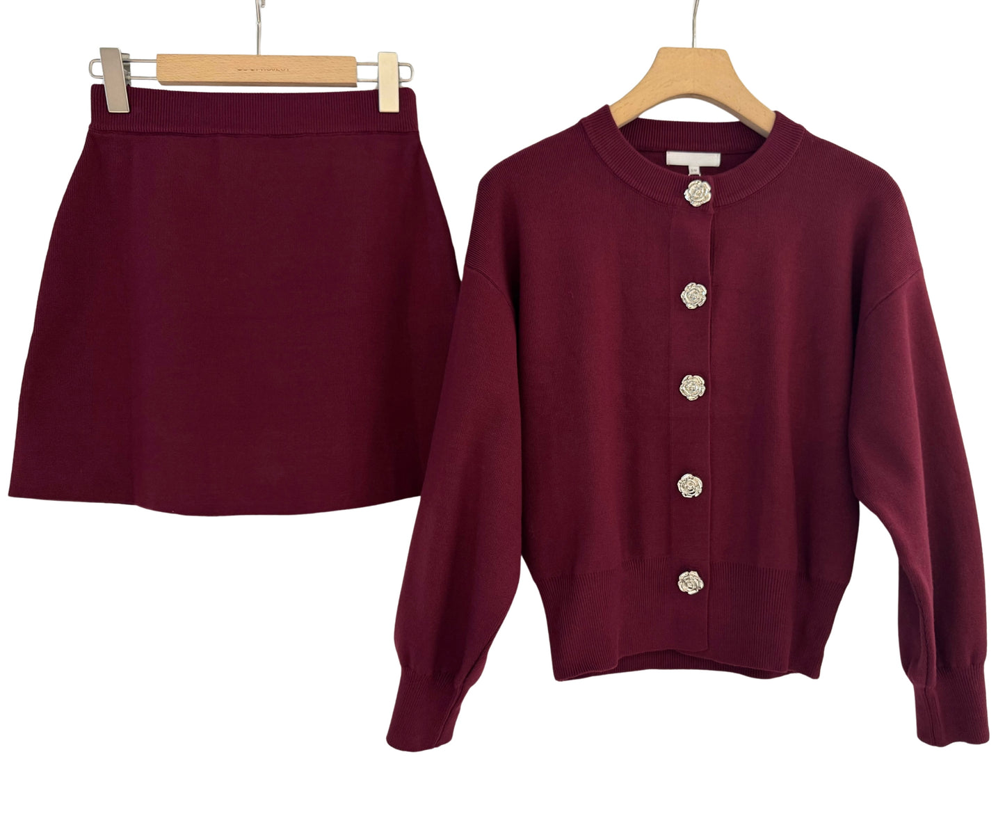 Julia burgundy coord cardigan and skirt set