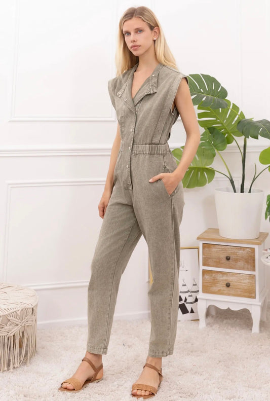 (Pre-order) Evie Short sleeve washed army green jumpsuit