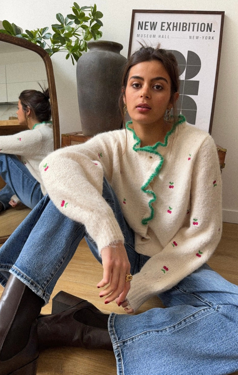 Piper green trim cherry cardigan