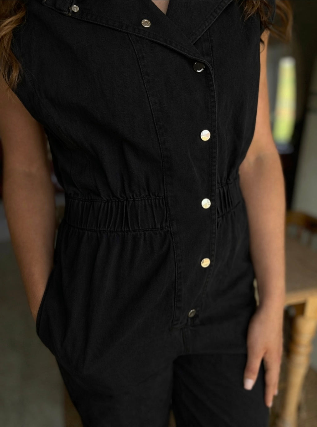 Evie short sleeve black denim jumpsuit