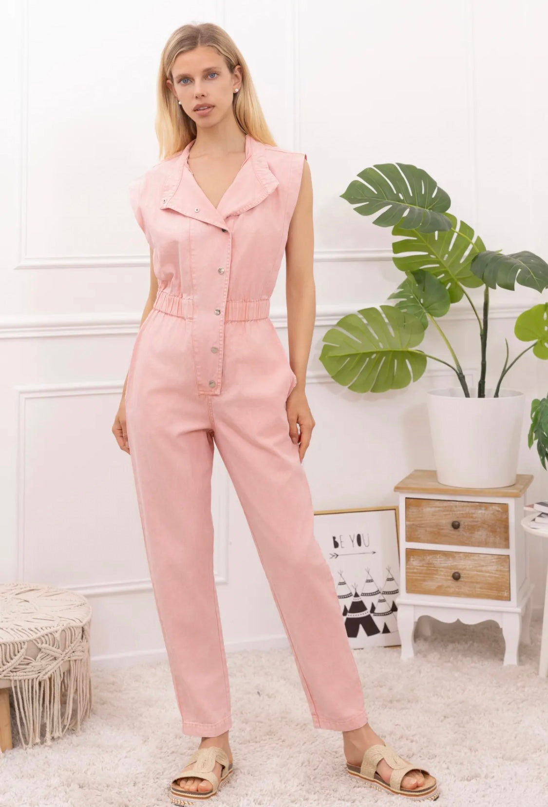 Evie short sleeve washed pink jumpsuit