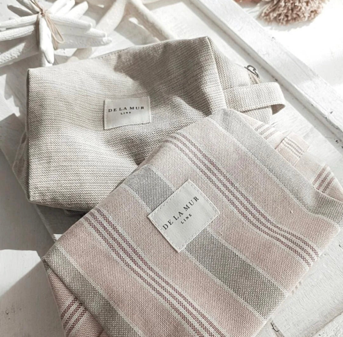 Pink Striped Linen Toiletry Bag