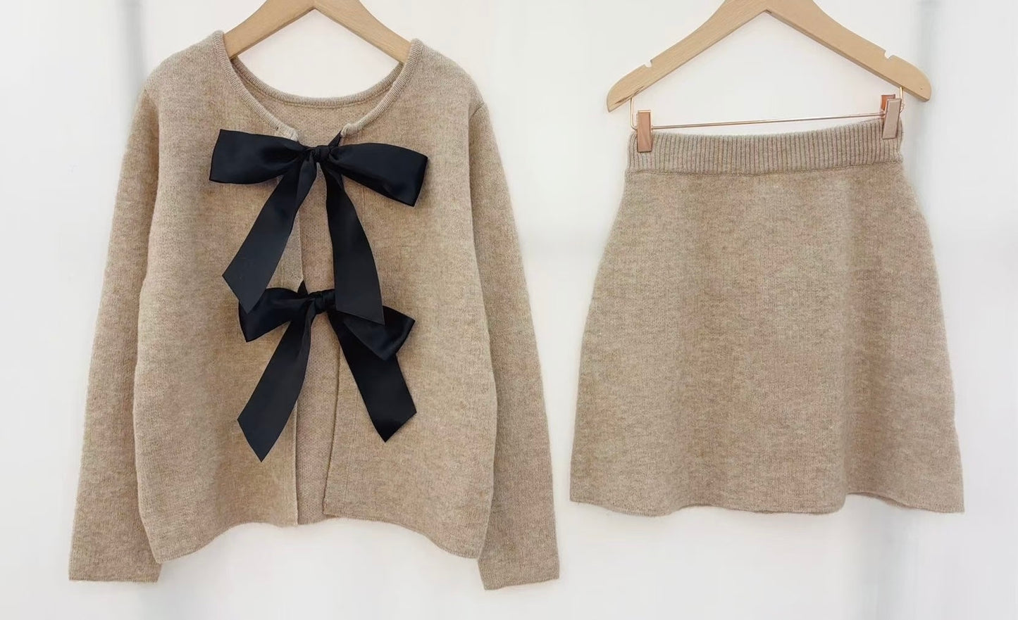 Tamsin beige co-ord skirt and bow top