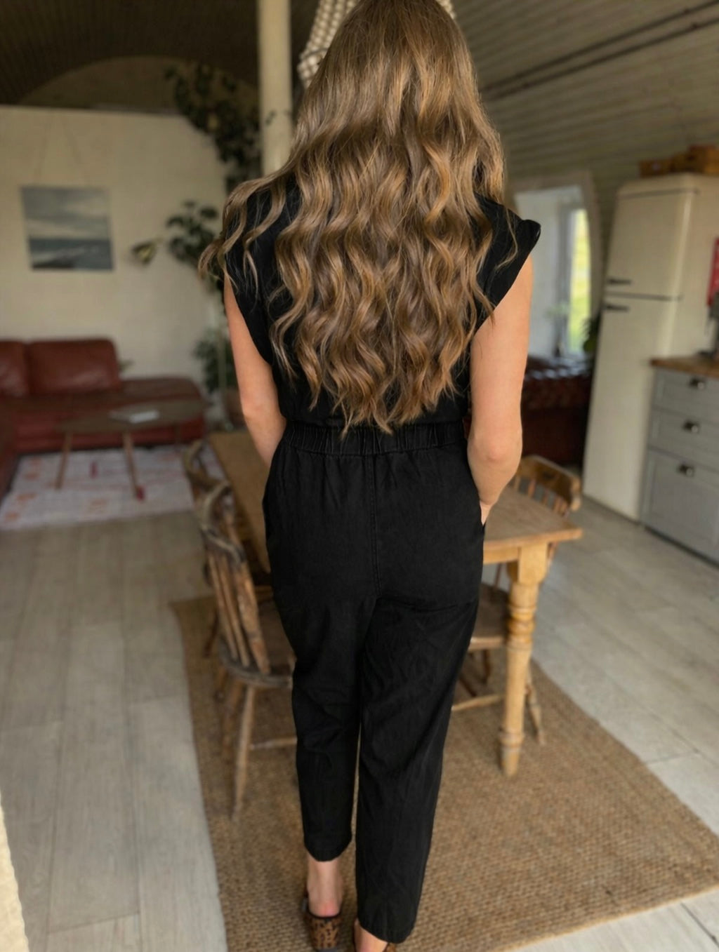 Evie short sleeve black denim jumpsuit