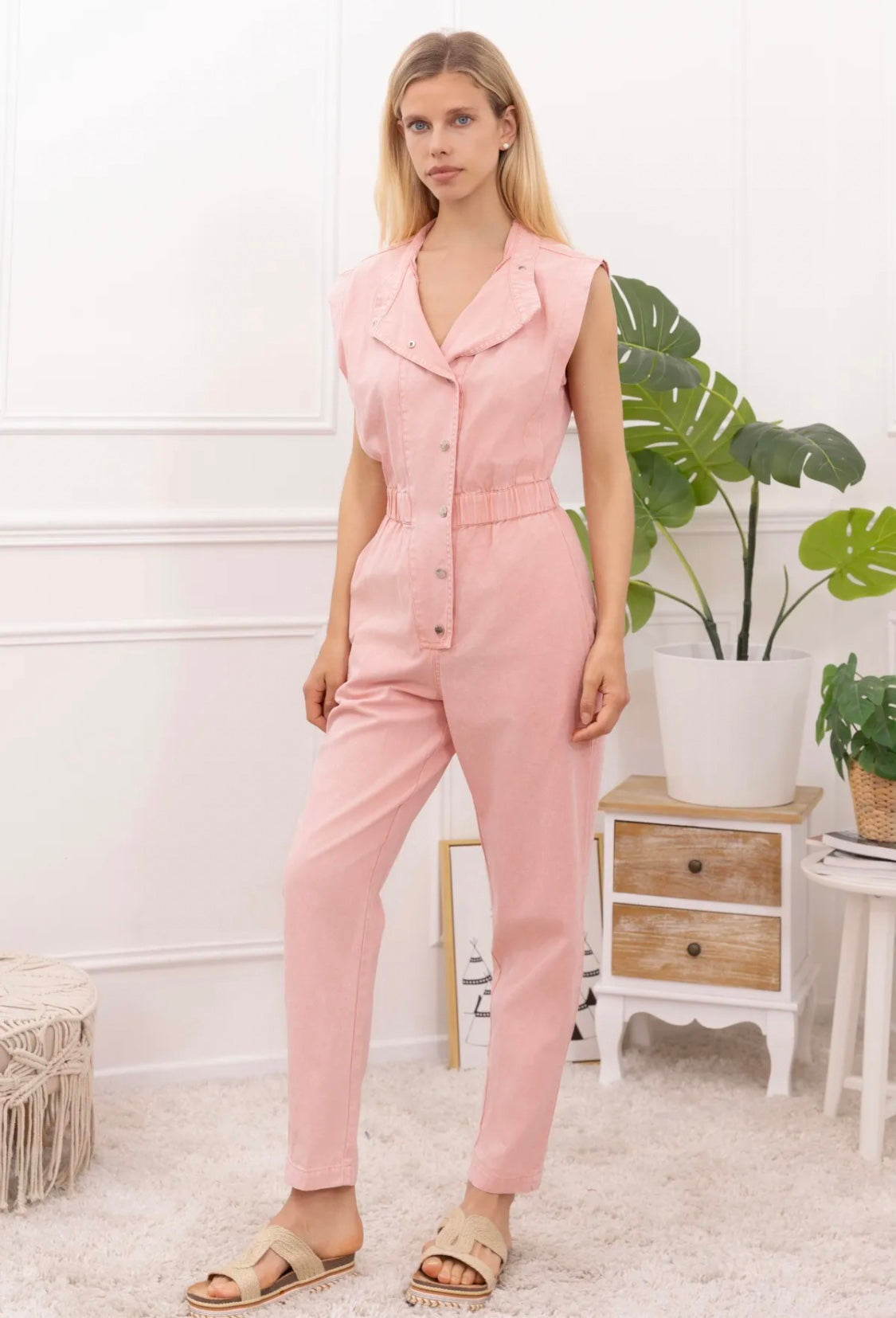 Evie short sleeve washed pink jumpsuit