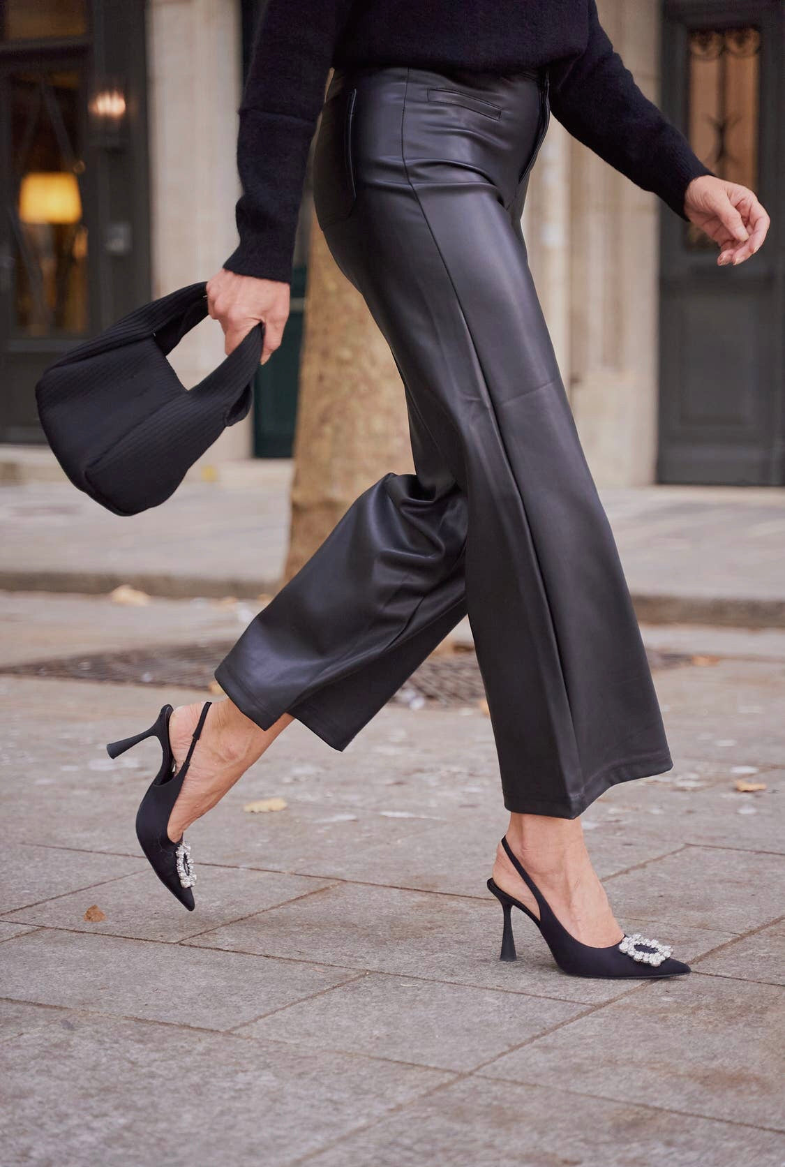 Valentina black wide leg leather trousers