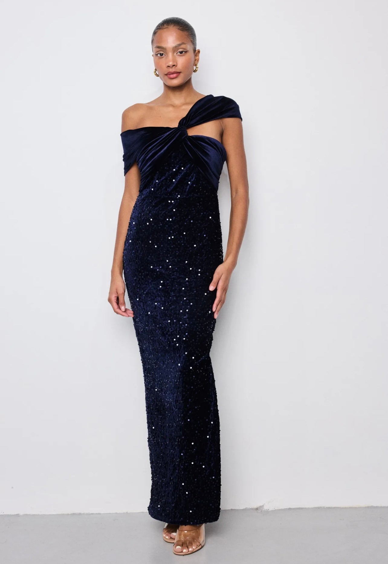 Alison sequin drop shoulder velvet dress navy