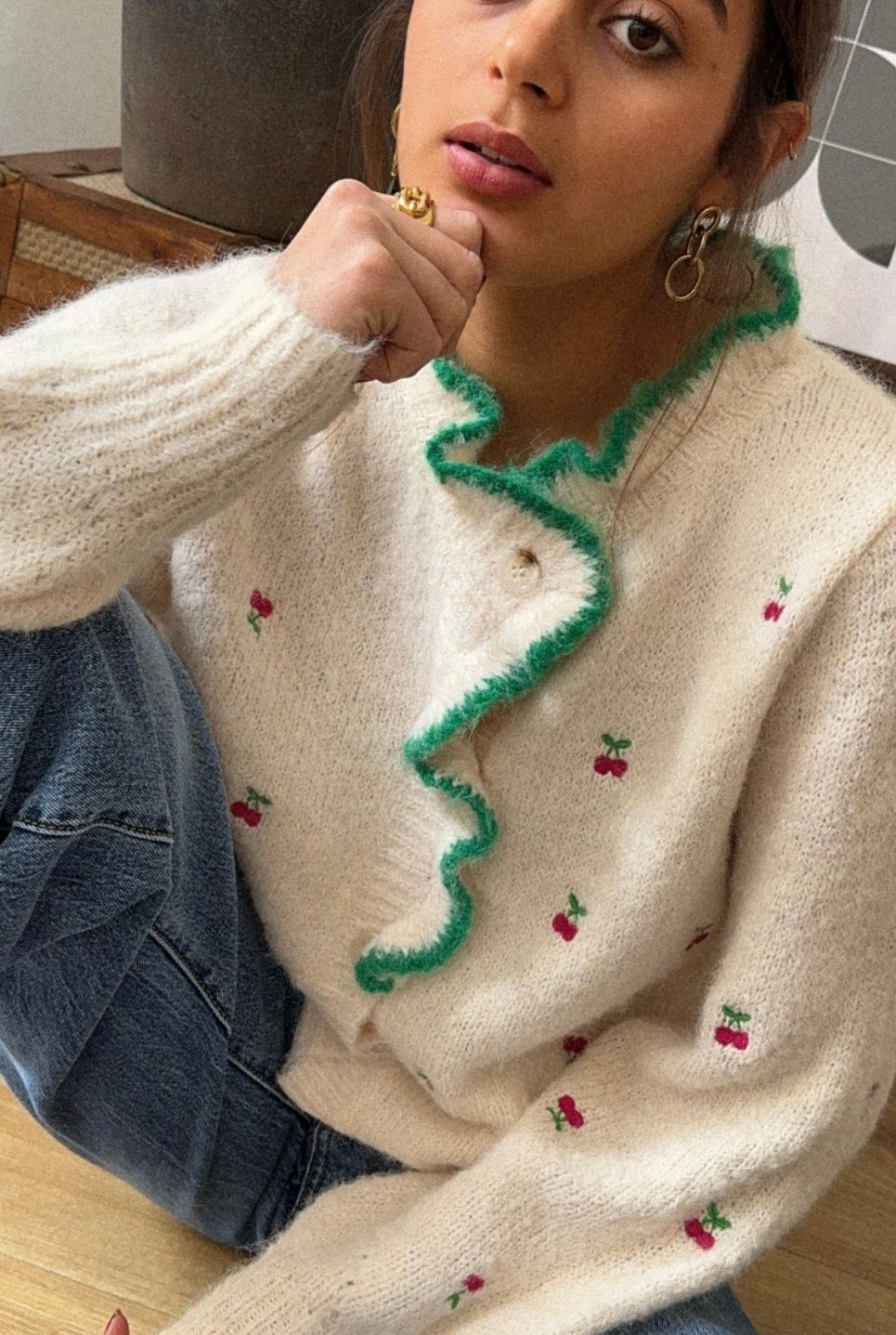 Piper green trim cherry cardigan