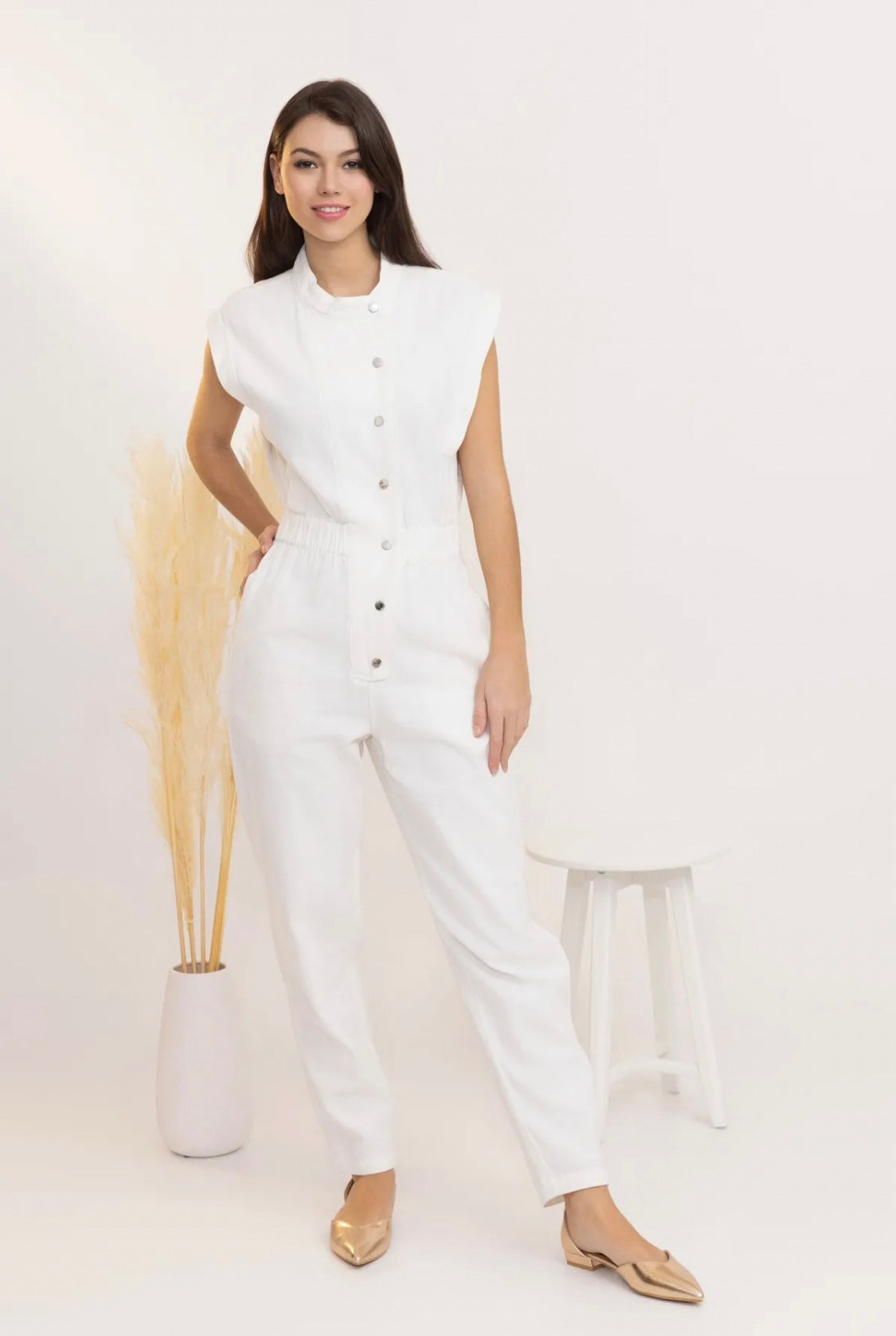 Short sleeve white denim jumpsuit