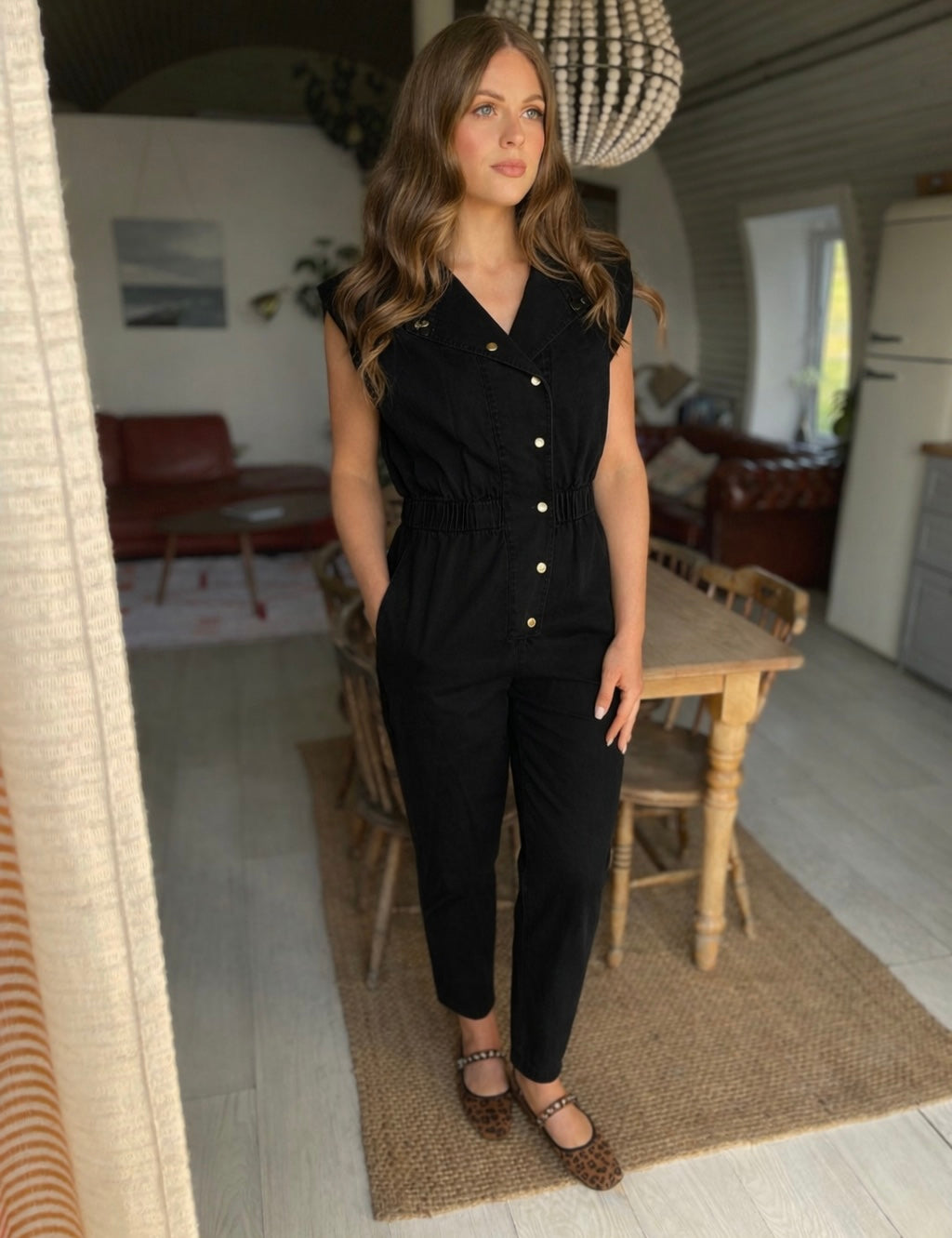 Evie short sleeve black denim jumpsuit