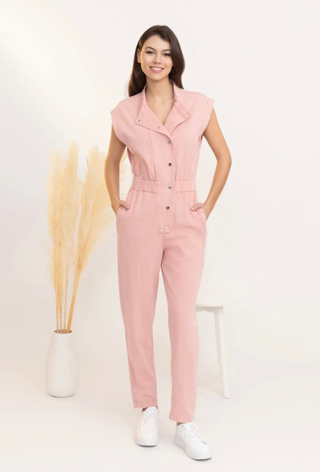 Evie short sleeve washed pink jumpsuit